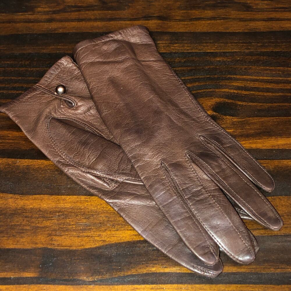 Vintage Van Raalte 100% Silk Brown Short Pair of Gloves Button Closure Formal